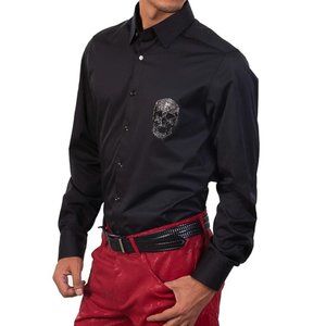 MEN'S BLACK SILVER SKULL RHINESTONE SHIRT SIZE LARGE